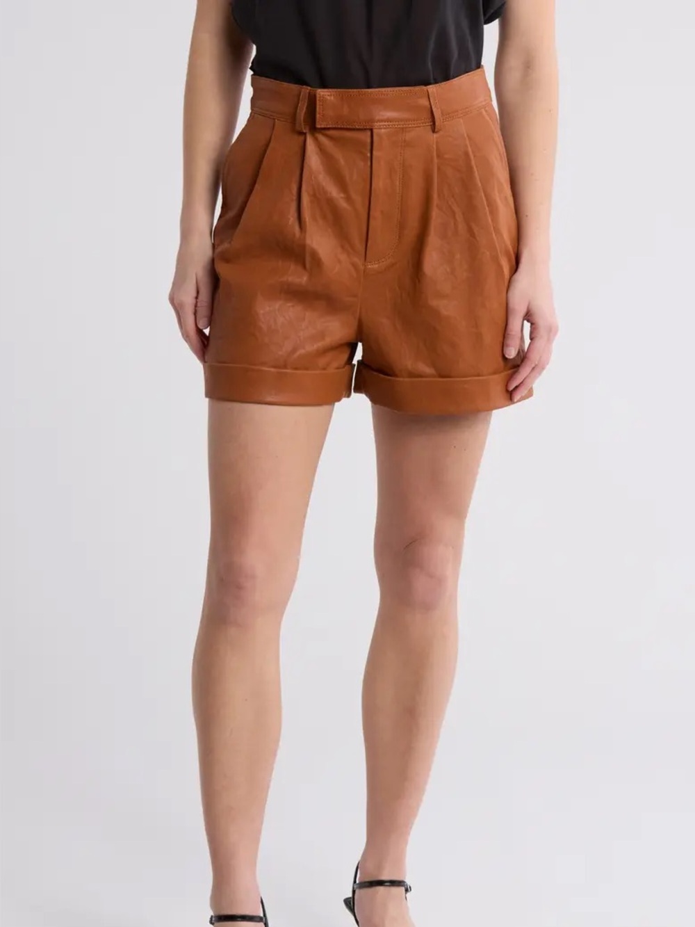Frame | Cognac Brown 100% Genuine  Leather High-Waist Wide Cuffed Shorts